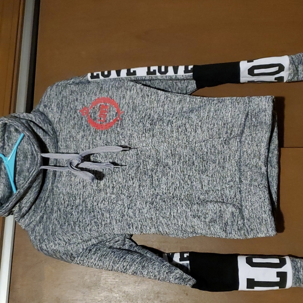 LOVE sweatshirt, cowl neck with drawstring.